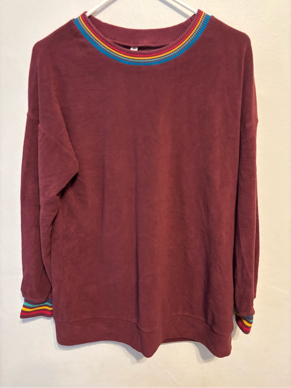 Amazon Women's Burgundy Crewneck Sweater with Rainbow Trim